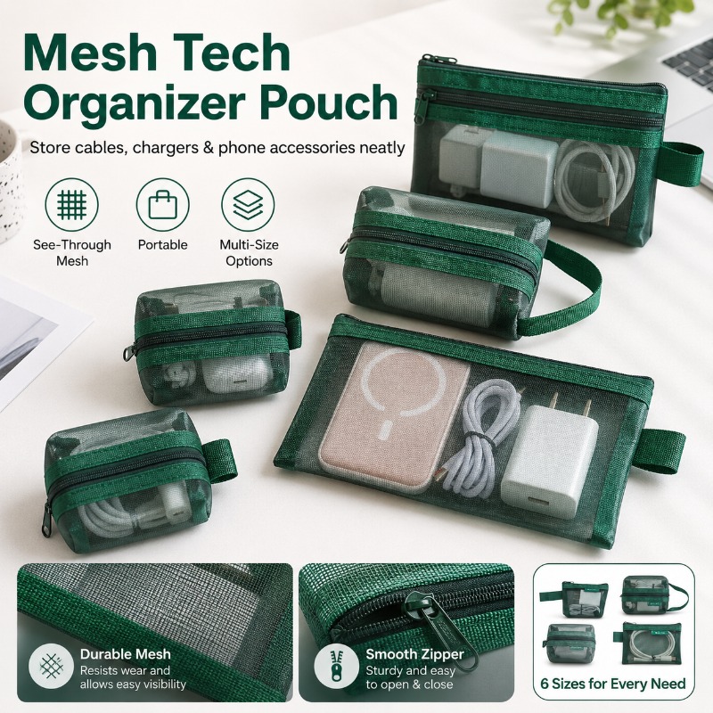 Office Tech Bag - 6PCS Mesh Tech Organizer Çantası, Şarj